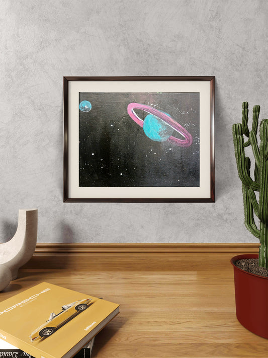 Galaxy Art Poster/Blue Planet with Pink Rings/Orbit of Dreams Print by Abstract Galaxy Beyond.