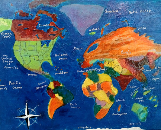 Colorful world map with labeled continents and oceans on a blue background
