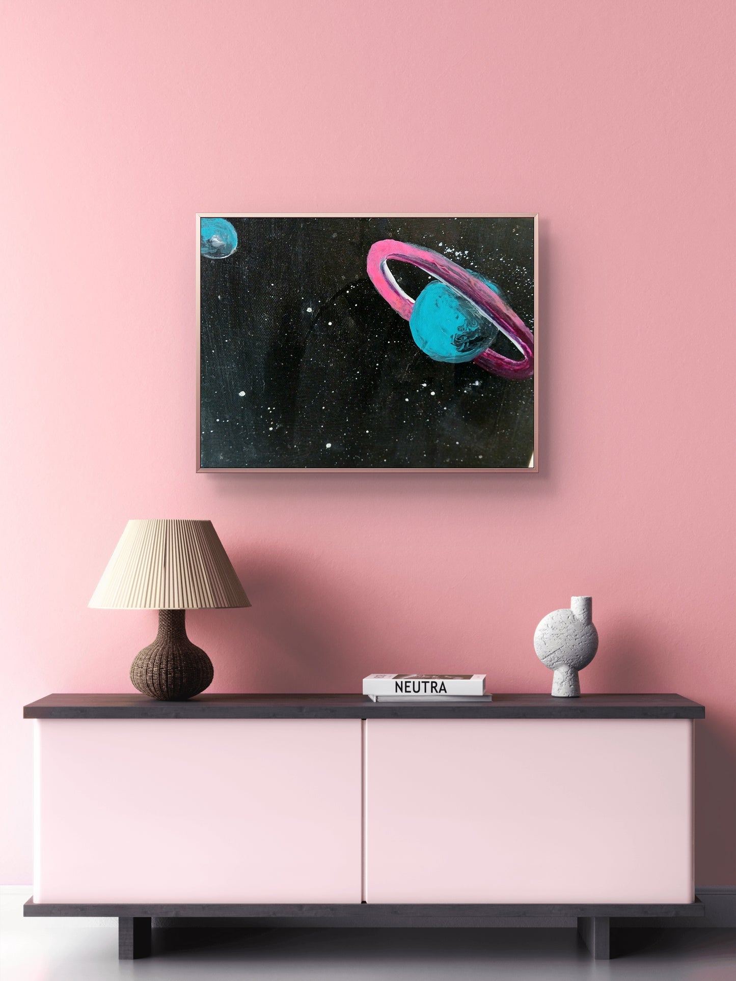 Galaxy Art Poster/Blue Planet with Pink Rings/Orbit of Dreams  Print by Abstract Galaxy Beyond.