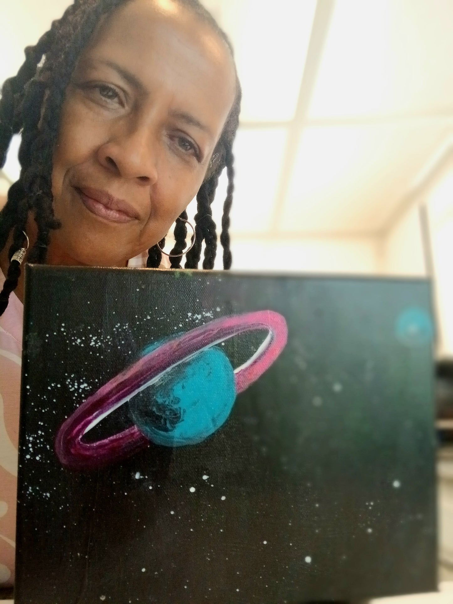 Galaxy Art Poster/Blue Planet with Pink Rings/Orbit of Dreams  Print by Abstract Galaxy Beyond.